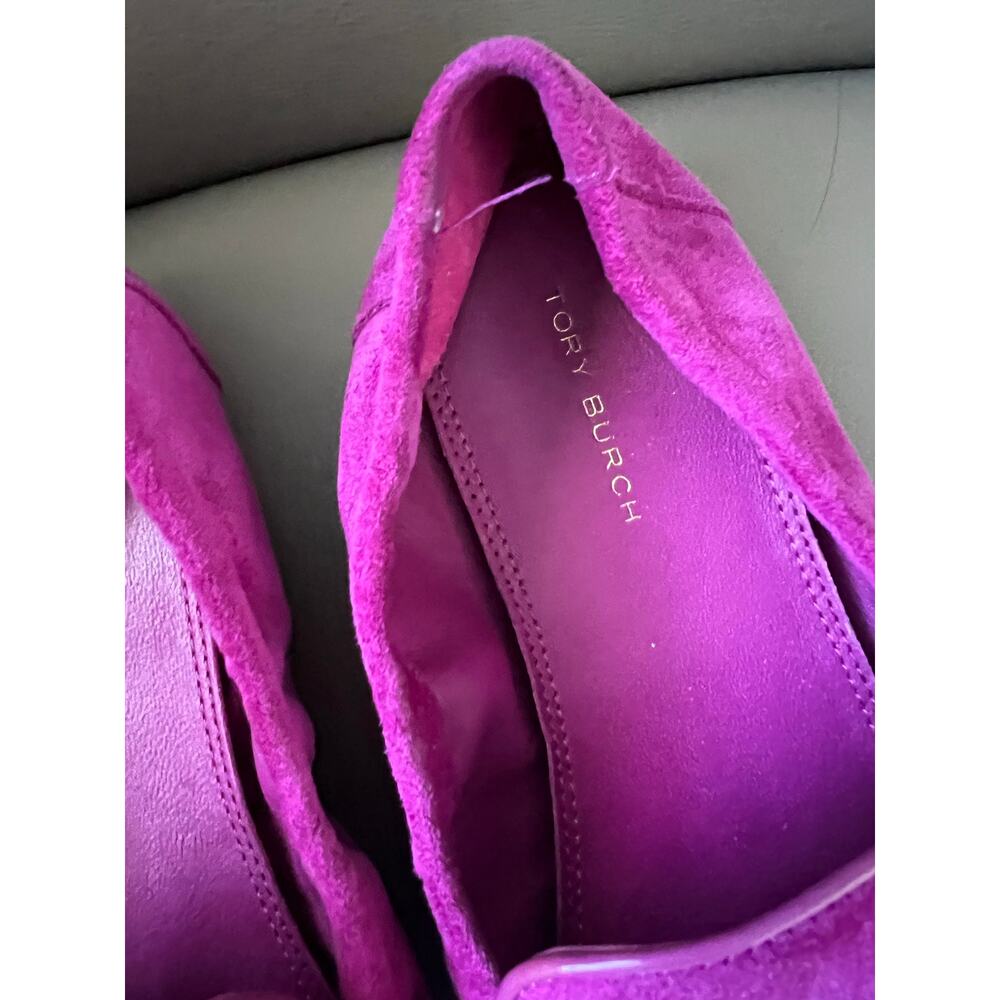 Tory Burch Shoes 6 Loafer Suede Leather Fuchsia Pink Flats Logo Classic Preppy - Picture 3 of 8